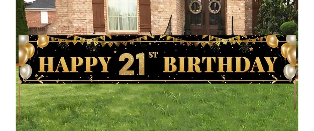 Large Happy 21st Birthday Decoration Banner Black and Gold Happy 21st Birthda…