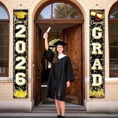 Black Gold Graduation Decorations Class of 2026 Congrats GRAD Porch Sign Banner