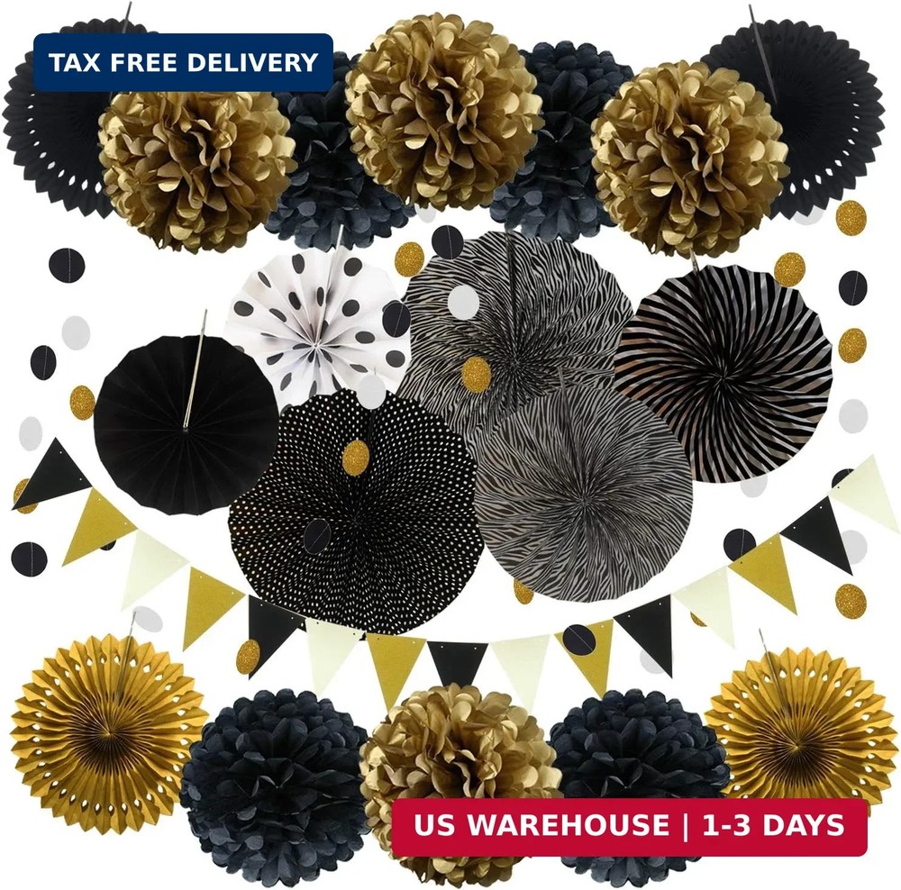ZERODECO Party Decoration, 21 Pcs Black and Gold Hanging Paper Fans, Pom Poms Fl