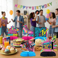 80S Party Decorations Honeycomb Centerpieces 12 Pcs, 1980S Retro Theme Table