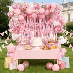 Pink Decorations with Happy Banner Light Pearl Metallic Pink and White Balloo…