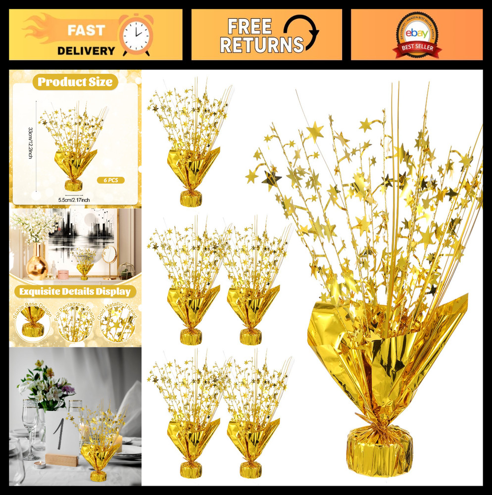 6 Pcs Gold Metallic Star Table Decorations – Foil Spray Centerpieces for Parties
