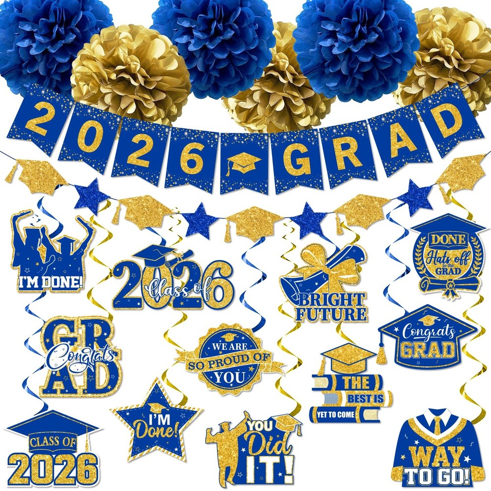 Blue and Gold Graduation Decorations 2026, 2026 Grad Banner Blue&gold