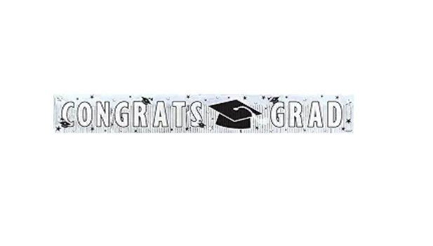 Congrats Grad Graduation Party Metallic Fringe Banner Decoration, White, Foil, 5