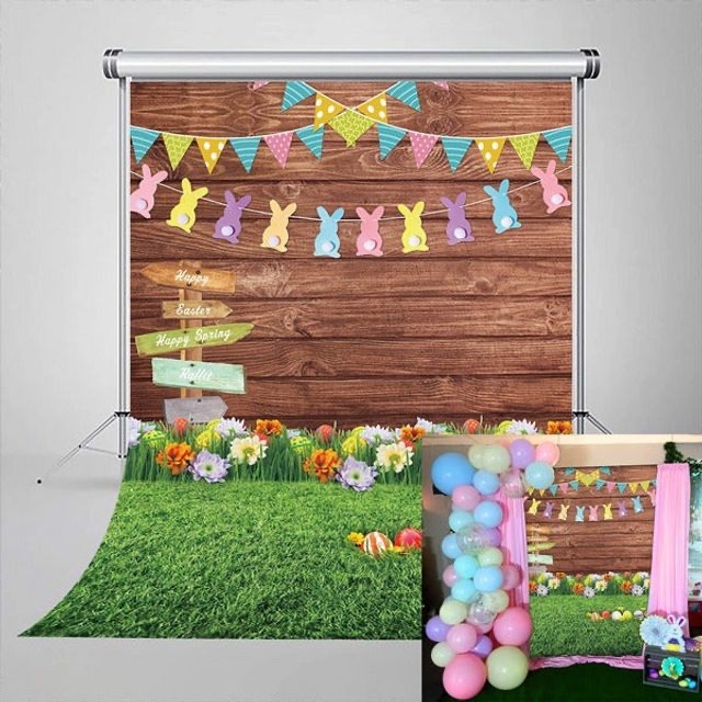 Spring Easter Photography Backdrop Wooden Board Green Grass Flower Egg 7ft x 5ft