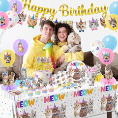 Cat Birthday Decorations Kit 189Pcs Party Plates Cups Napkins Balloons Decor Set