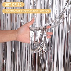 Best 20 Pack Silver Foil Curtain Backdrop 3.2ft x 8.2ft Fringe Metallic Tinsel