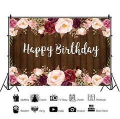 Floral Wood Birthday Backdrop Rustic Brown Wood Pink Flowers Happy Birthday P…