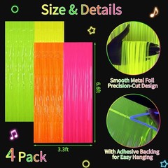 Glow in the Dark Tinsel Curtains Pack – Neon Party Decorations 3.3×6.6ft UV 4