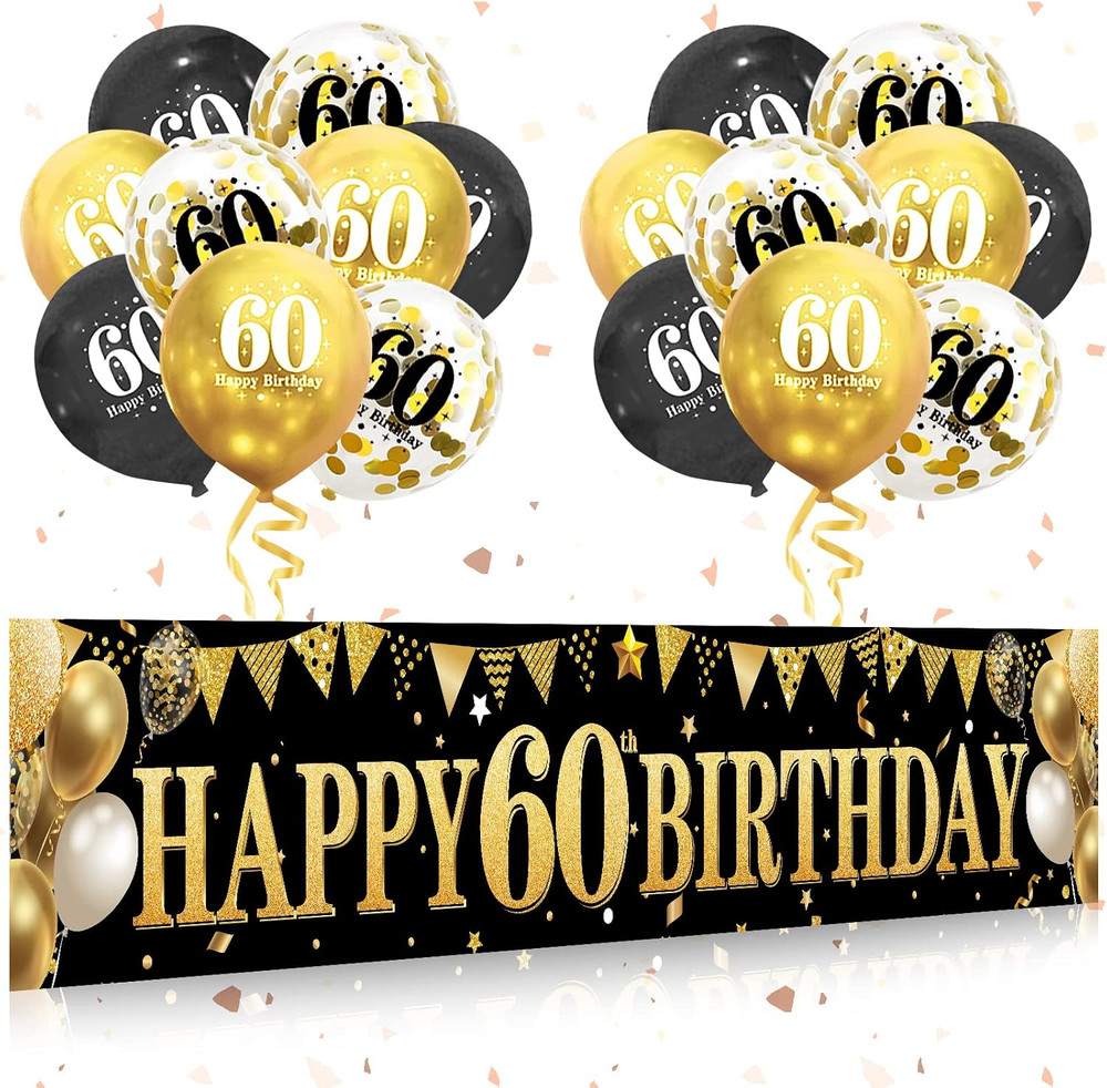 60Th Birthday Banner Balloons Decorations for Men Women, Black Gold Happy 60 Bir