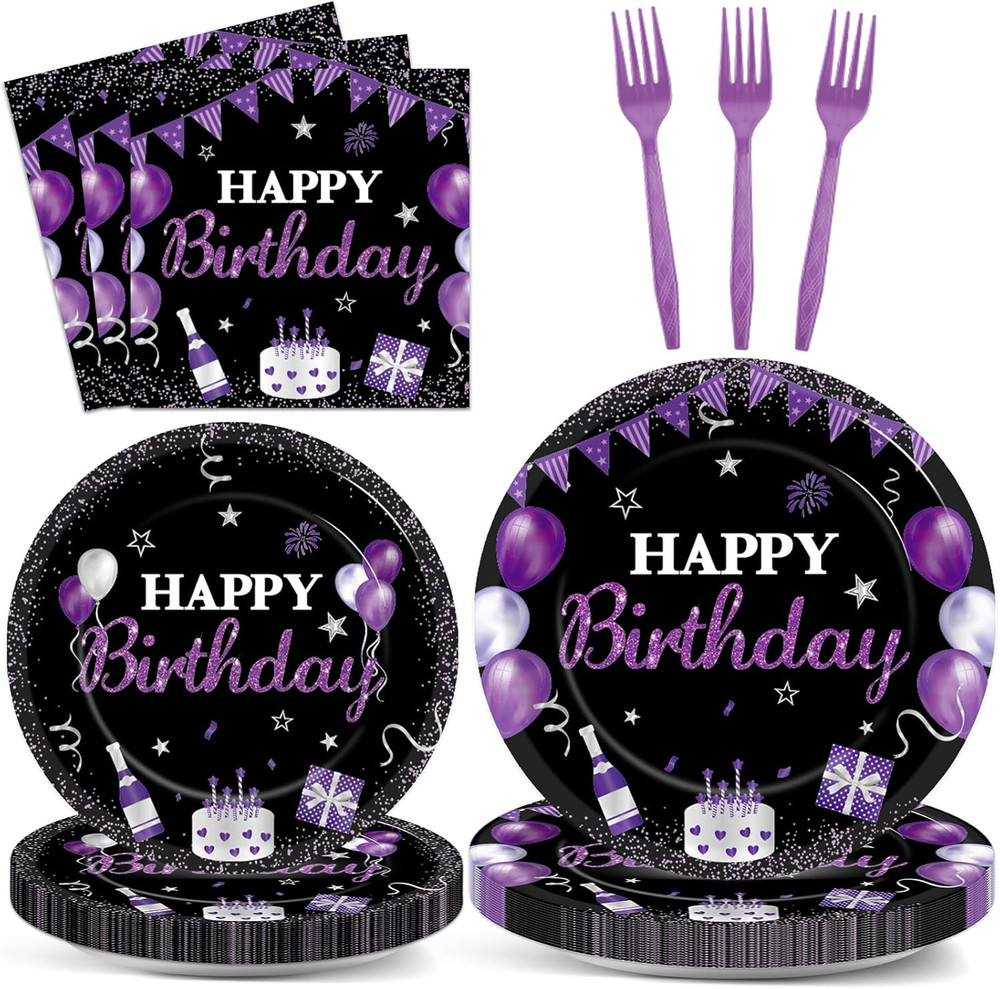 96Pcs Purple and Black Birthday Decorations Happy Birthday Party Supplies Tablew