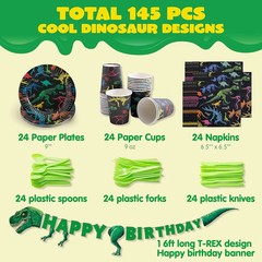 Dino Birthday Party Set 145pc 24 Guests Cups Napkins T-Rex Banner Plates Cutlery