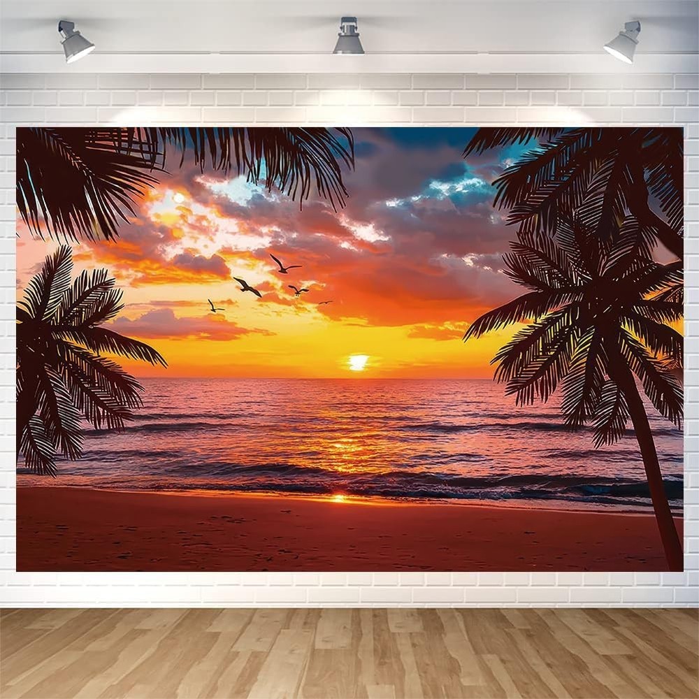 Beach Sunset Glow Backdrop Seaside Coconut Palm Trees Wall Banner Hawaii Beach