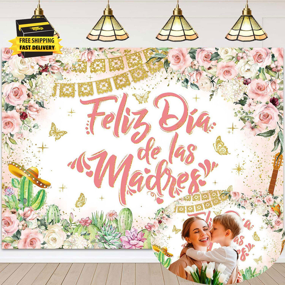 Feliz Dia De Las Madres Banner Backdrop 7X5Ft Rose Gold Flowers Happy Mothers Da
