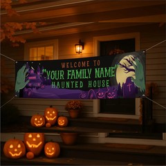 Personalized Halloween Haunted House Banner Custom Vinyl Yard Party Backdrop