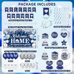 Welcome Home Decorations Set – Blue Silver Banner, Balloons, Honeycomb Centerpie