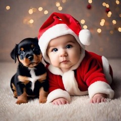 Christmas BABY in Santa’s Hat With Puppy