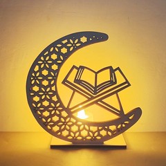Eid Mubarak Ramadan Wooden Moon Muslim Mosque Islam Tabletop Light Decoration