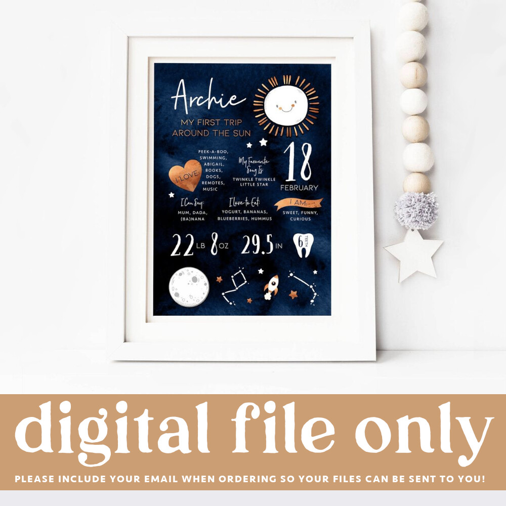 Printable First Birthday Milestone Board, Around The Sun Space Themed 1st Party