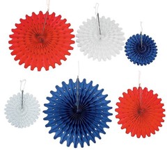 12-PC Red White Blue Hanging Tissue Paper Fans Patriotic Decor 8″-16″Dia #954