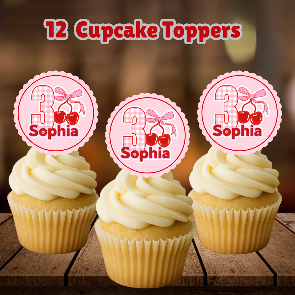 Pink Cherry Cupcake Toppers Set of 12 | Girls Birthday Party Dessert Decor