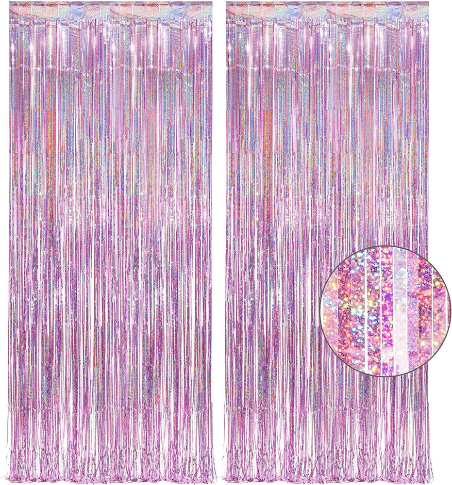 Pink Tinsel Curtain Party Backdrop – Foil Fringe Curtain Lilac Pink Party Strea