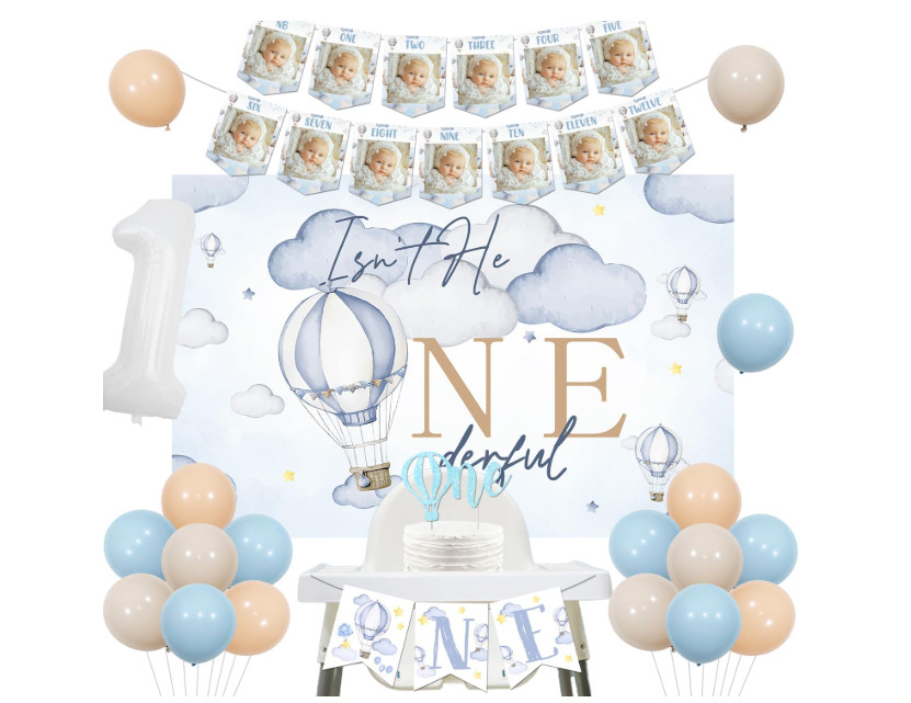 Hot Air Balloons 1st Birthday Decorations, Isn’t He Onederful Backdrop