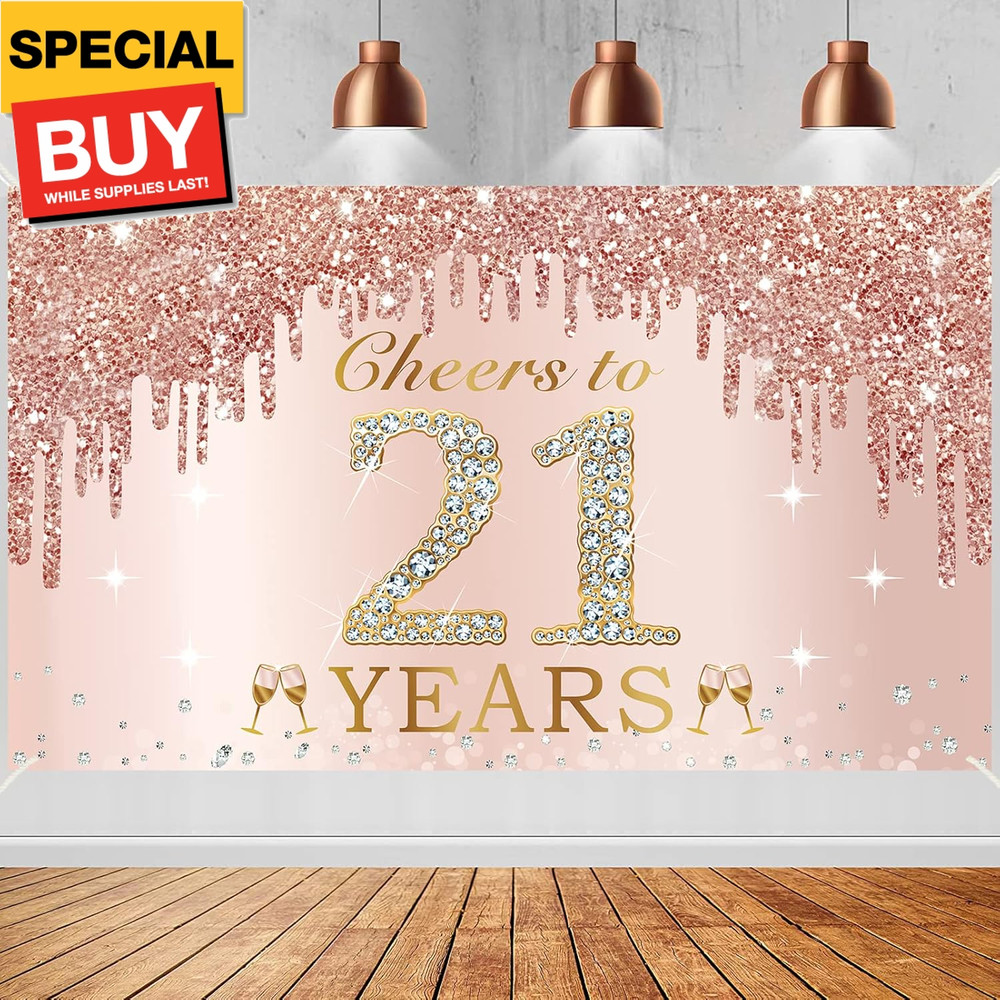 Large Cheers to 21 Years Birthday Decorations for Women, Pink Rose Gold Happy 21