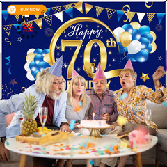 Happy 70th Birthday Banner Decorations for Men, Blue Gold 70 Large,