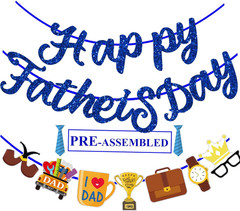 Happy Fathers Day Banner Blue Glitter Fathers Day Decorations for Party Home Pre