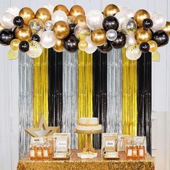 2 Pack Black Gold Silver Foil Fringe Backdrop Curtains Tinsel Streamers Party