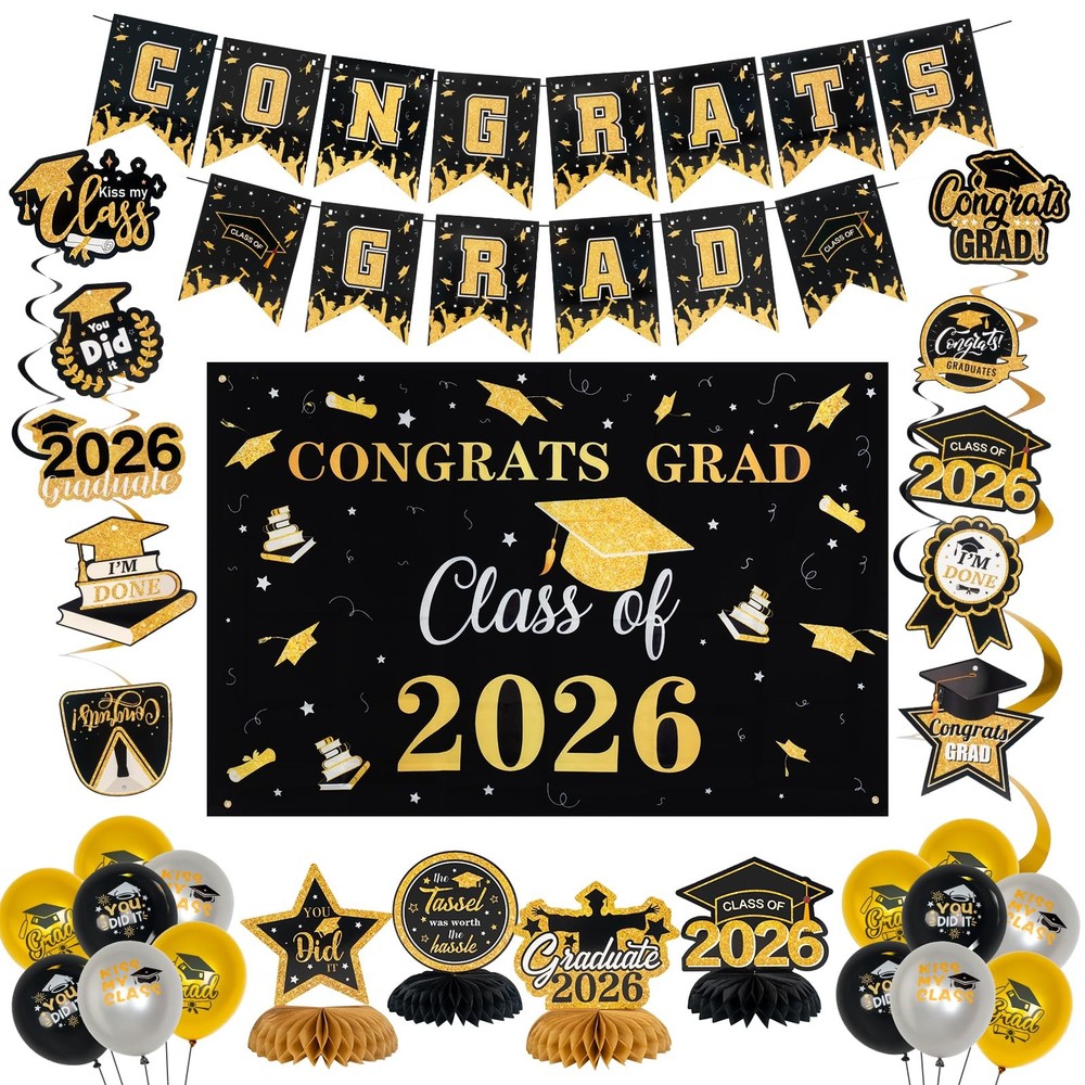 Graduation Decorations Set Class of 2026 Backdrop Congrats Grad Banner Hangin