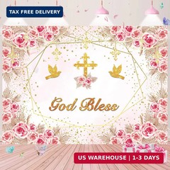 God Bless Backdrop for Girls First Holy Communion Baptism Backdrop Pink Flower G