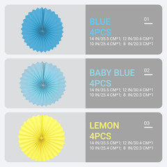 Paper round Fan Party Decorations, Blue Yellow Hanging Fans for Carnival Circus,