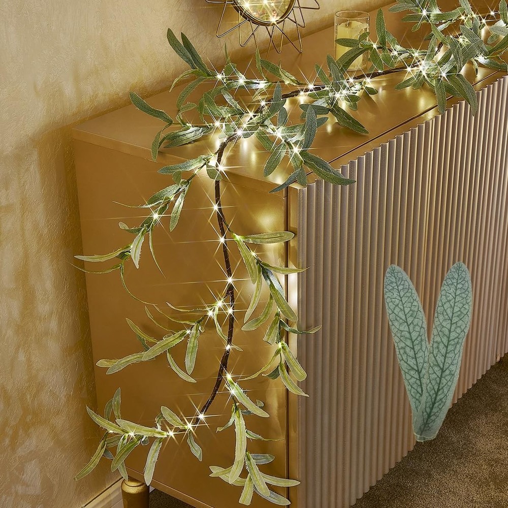 Lighted Olive Garland Battery Operated with Timer 6FT 96 LED Fairy Lights, Faux