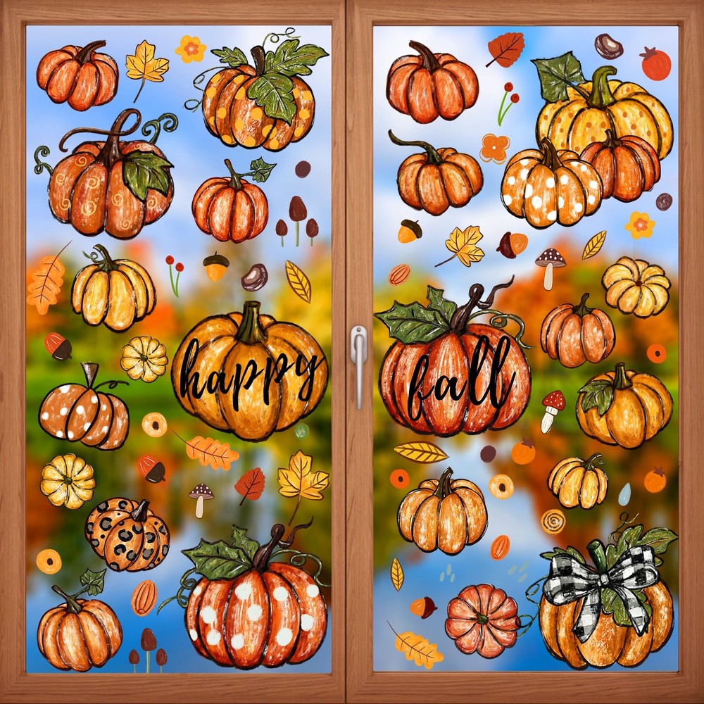YUJUN 6 Sheets Thanksgiving Leaves Oil Painting Window Clings Inches, Pumpkin