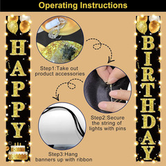 Birthday Lighted Banner Decorations for Men Women – Black Gold Happy