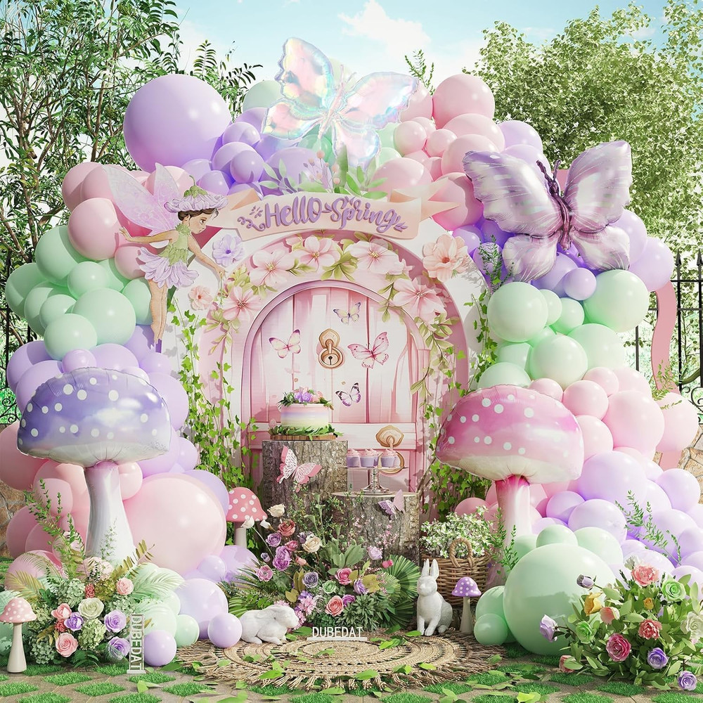 Pastel Balloon Arch Garland Kit,159Pcs Pink Purple Green Mushroom Buttefly Ballo