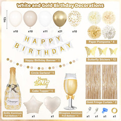 White Gold Birthday Party Decorations Kit for Women Girls, Happy Birthday Banner