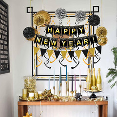 Happy New Year Set Black Banner with Gold Black Paper Flag Bunting Swirl Streame