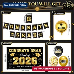 Graduation Decorations 2026-Black and Gold Graduation Party Decorations Supplies