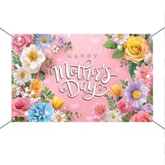 Mother’s Day Backdrop Pink Flowers Happy Mothers Day Banner Backdrop for Photogr
