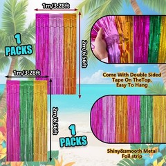 Hawaiian Luau Party Decorations, 2 Pack 3.28 x 6.56 Ft Foil Fringe Curtains