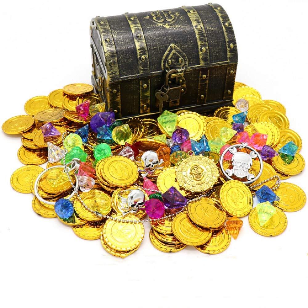 Kids Pirate Treasure Chest With 100 Gold Coins Gems Jewelry Perfect Party Favor