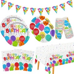 Multicolor Birthday Party Essentials Set for 25 Paper Plates Cups Napkins Banner