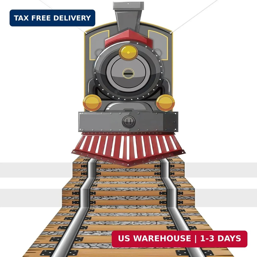 Train Party Decorations Backdrop Set with Track Runner, Retro Locomotive Door Ba