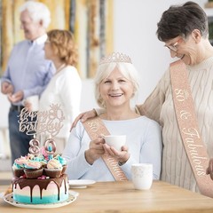 Rose Gold 80th Birthday Decorations with Crown, Sash, Cake Topper and Candles