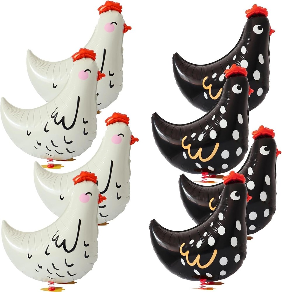 8 PCS Walking Chicken Balloons, Aluminum Foil Chicken Party Decorations White an