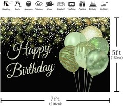 7x5ft Green Happy Birthday Backdrop Glitter Balloons Gold Sparkle Sequins Dot…