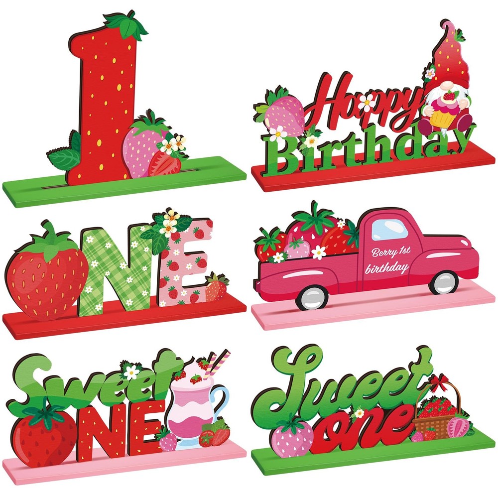 6 Pcs Strawberry Sweet One Table Wooden Centerpiece Decorations Strawberry Fi…